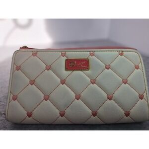 Betsey Johnson Quilted Heart Zip Around Wallet Cream Pink Striped Lining